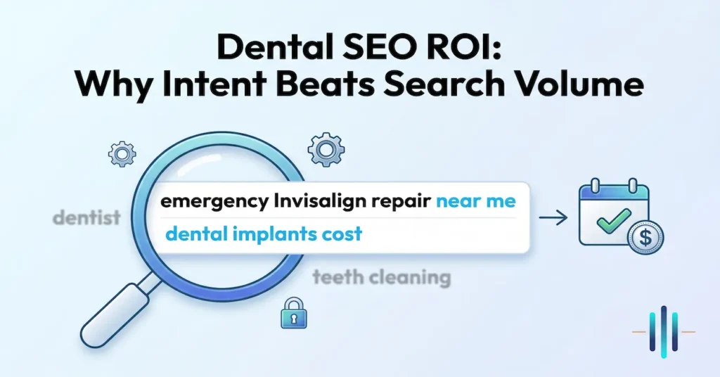 dental seo roi why intent beats search volume. magnifying glass with high intent terms like emergency invisalign repair near me and dental implants cost leading to higher revenue