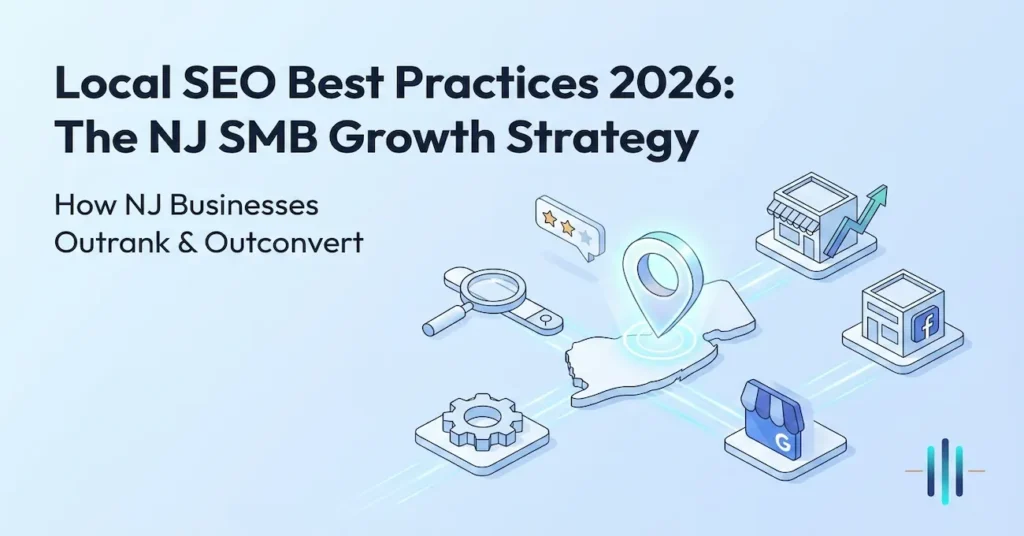 local seo best practices for nj businesses. NJ map with a location pin on it pointing to other elements like a search bar, google business profile, building, star reviews.