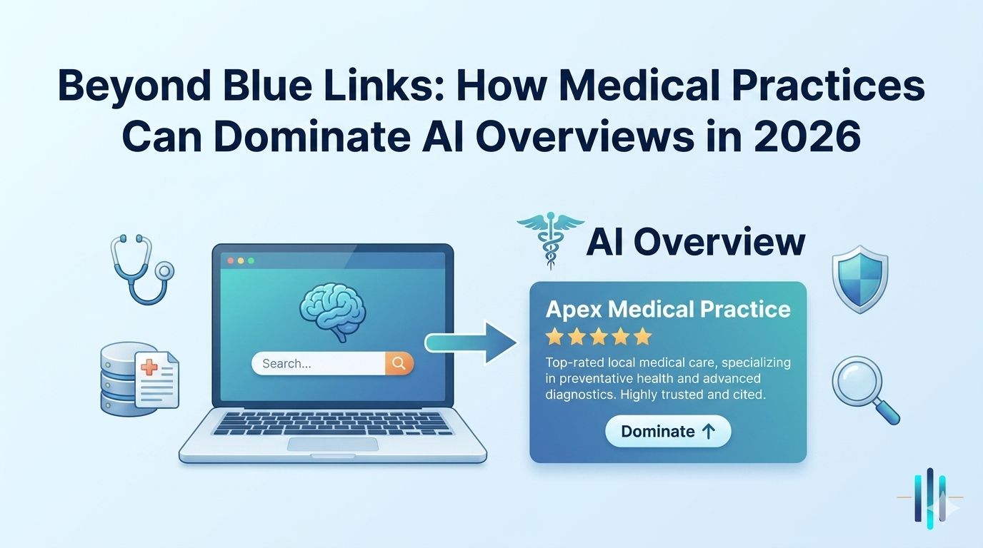 beyond blue links: how medical practices can dominate ai overviews in 2026. Computer showing ai overview example for a clinic named "Apex Medical Practice"